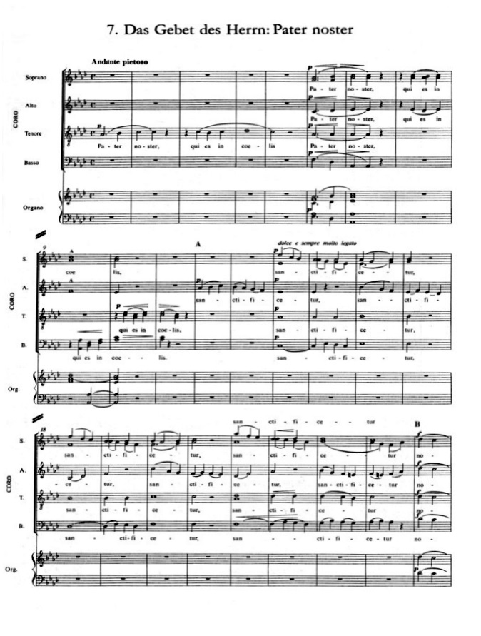 Es. 6. F. Liszt, Christus, parte prima: Pater noster, per coro a quattro voci e organo, bb. 1-26.